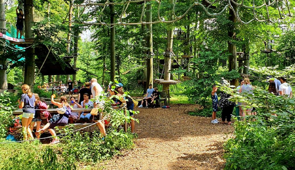 Im Kletterwald stehen viele Tische und Bänke,